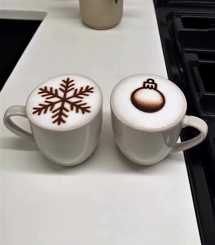 Snowflake and ornament designs on coffee
